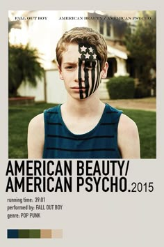 the poster for american beauty / american psychcho, featuring a young man with an american flag painted on his face