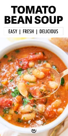 a bowl of tomato bean soup with a spoon in it and the title above it