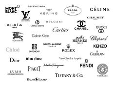 many different types of logos are shown in black and white, including one for chanel