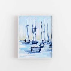 a painting of sailboats floating in the ocean on a white wall with blue water