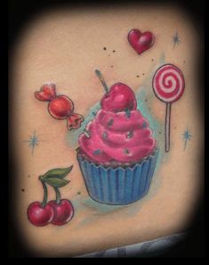 an image of a cupcake with cherries and lollipops on it