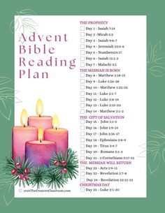 a printable bible reading plan with candles and holly wreaths on the front page