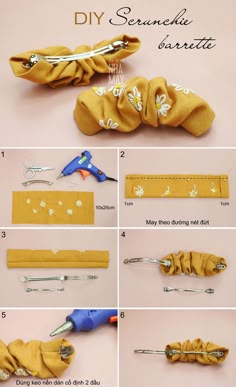 instructions for how to sew a flowered headband with scissors and thread needles