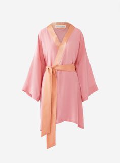 Embrace the pleasures of pink (or rather, be embraced by them) in our divine 16-momme silk crêpe de chine short robe. Paying homage to the vivid color palettes of pioneering concept artist Mary Blair, who conjured fantasy with feminine edge, this delectable robe turns luxurious lounging into a fine art. Pair with the Bella Flamingo for a match made in technicolor heaven. ONE SIZE. Summer Silk Pink Kimono, Pink Satin Robe With Satin Finish, Pink Silk Kimono For Spring, Pink Satin Spring Robe, Pink Robe With Kimono Sleeves For Spring, Mary Blair, Olivia Von Halle, Silk Robe, Match Making