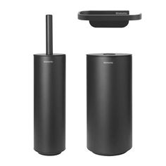 a black toilet brush, soap dispenser and holder on a white background