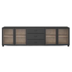 the sideboard with glass doors is black and has two shelves on each side,