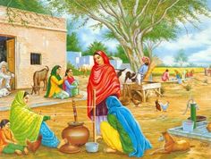 an oil painting of people and animals in a rural area, with one woman pouring water from a pot