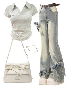 90s Cool Outfit, Outfit Ideas Shirt And Jeans, Outfits With White Bag, Aesthetic Outfits With Jeans, Light Jean Outfits, 90s Fashion Outfits Women, Trendy Y2k Outfits, Outfit Ideas With Flare Jeans, College Wear Outfits