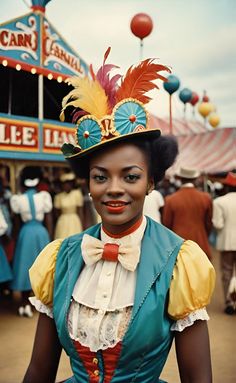 a woman wearing a colorful hat and dress at an amusement park with carnival rides in the background