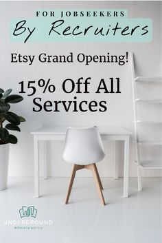 a white chair sitting next to a table with a potted plant on it and the words easy grand opening 15 % off all services