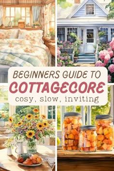 the beginner's guide to cottage decor, including mason jars and sunflowers