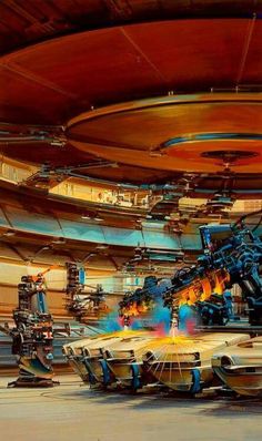 an artistic painting of some kind of machinery in a large room with many circular objects