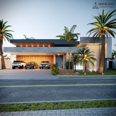 two cars are parked in front of a modern house with palm trees on the driveway