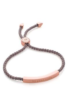 A luxurious take on a traditional friendship bracelet, this sleek style is accented with a gleaming curved bar. A slide closure easily adjusts the cord's length for a snug fit. 1 1/4"L x 1/8"W bar Adjustable slide closure Can be engraved; >see locations Sterling silver with 18k-gold plate/textile Imported Exclusive US retailer Bracelet Rose Gold, Curved Bar, Sleek Style, Monica Vinader, Sleek Fashion, Keep Jewelry, Adjustable Bracelet, Friendship Bracelet, Womens Jewelry Bracelets