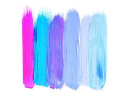 four different colors of paint on a white background, one is blue and the other is pink