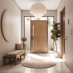 an entryway with a wooden door and two plants on the floor next to it