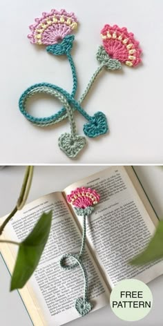 an open book with crocheted flowers on it and the title, free pattern