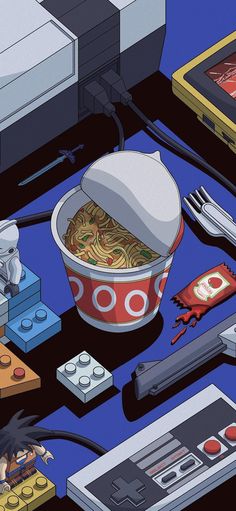 an image of a bowl of noodles with chopsticks and other items around it