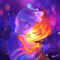 a couple hugging each other in front of a purple and blue background with bright lights