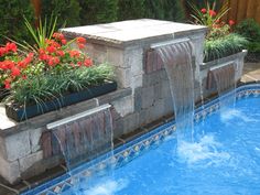 a pool with a waterfall in the middle and red flowers growing out of it's sides