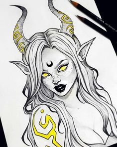 a drawing of a woman with horns and yellow eyes