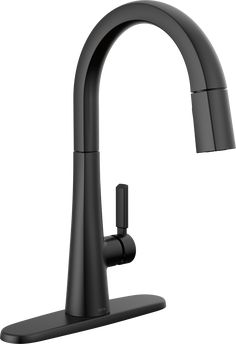 a black kitchen faucet with the handle extended