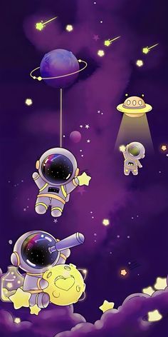 an image of two astronauts floating in the sky with stars and planets around them,