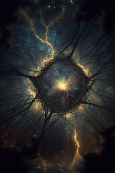 an image of the inside of a tree that is surrounded by stars and lightnings