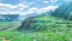 an anime landscape with sheep grazing in the grass and mountains behind it, as well as a castle on top of a hill