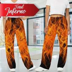 Fire Inferno Pants is the comfort of pajamas in this stylish pair of wide-leg pants. With the adjustable waist and stretchy fabric, it's like your favorite sweatpants but better. * Relaxed unisex fit * Practical side pockets * Elastic waistband with a white drawstring * Can be worn on the waist or on the hips * Premium knit mid-weight jersey fabric * 95% polyester, 5% elastane (fabric composition may vary by 1%) * Fabric weight: 6.19 oz/yd2 (210 g/m2) (weight may vary by 5%) Flame Print Outfit, Orange Baggy Trousers, Fire Flame Pants, Fire Pants, Pants On Fire, Orange Bohemian Wide-leg Pants, Relaxed Pants, Fire Fire, Relax Pants