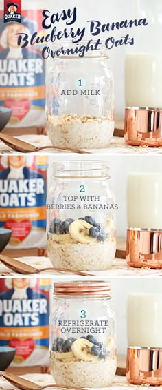 three jars filled with oatmeal and blueberries