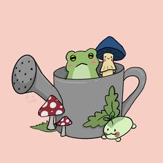 a cartoon frog in a coffee cup with mushrooms