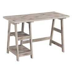 an old wooden desk with two shelves on the bottom and one shelf below it, against a white background