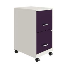 two drawer file cabinet with wheels in purple and white finish, on casteor wheels