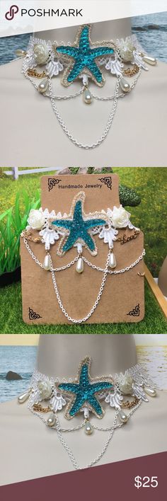 Starfish White Lace Necklace Brand New.   White lace choker.  Starfish with white flowers.  2 Love charms.  Faux pearls.  Gold lobster Clasp.   12” Long with a 2” extension chain.  Starfish,Star, Fish, Shell, beach, summer, Lace, gold, blue, teal. Jewelry Necklaces Babygirl Necklace, White Lace Choker, Teal Jewelry, Beach Mermaid, Elephant Pendant Necklace, Tory Burch Earrings, Betsey Johnson Necklace, Bottle Earrings, Lace Choker