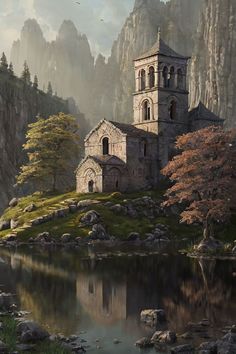 an old church sits on top of a hill next to a body of water and mountains