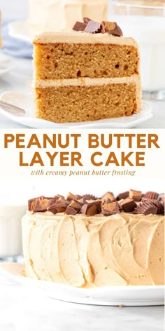 two pictures showing the layers of a peanut butter layer cake