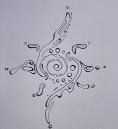 an ink drawing of a swirly design on paper with water droplets and bubbles around it