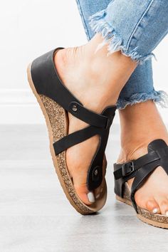 US$36.99 60_bsp;Large Size Women Buckle Flip Flops Casual Wedge Sandals Women's Shoes from Bags Casual Wedges, Summer Slippers, Vintage Belt Buckles, Pu Heels, Buckle Sandals, Toe Sandals, Heel Type, Casual Sandals