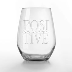 a wine glass with the words posi in five on it's stemer