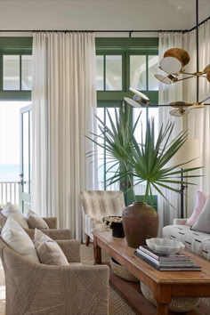 a living room filled with lots of furniture and plants on top of it's windows