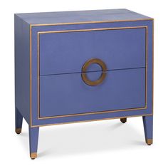 a blue and gold painted nightstand with an oval handle on the front, sitting against a white background