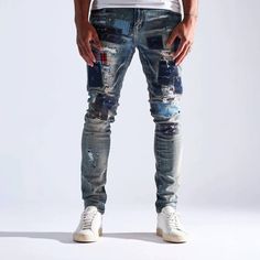 * Embellish Nyc Men's Jean * Distressed Denim * Patchwork And Rip Details * Skinny Fit * Stretch Fabric * 98% Cotton, 2% Spandex * 34" Inseam * Imported * Mpn Embhol21-1-18 * Msrp $45 Fitted Blue Denim Jeans, Ripped Jeans Men, Embellished Jeans, Printed Jeans, Dark Blue Jeans, Denim Patchwork, Calvin Klein Men, True Religion Jeans, Zara Man