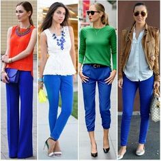 Blue Capris Outfit Work, What To Wear With Royal Blue Pants, Cobalt Pants Outfit, Bright Blue Pants Outfit, Royal Blue Pants Outfit Work, Blue Trouser Outfit Women, Cobalt Blue Pants Outfit, Electric Blue Pants