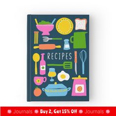 a cookbook with an illustrated image of cooking utensils and other kitchen items