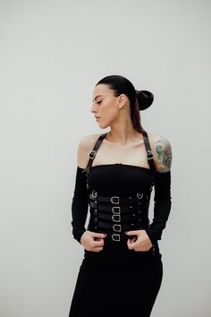 Waist harness for women Edgy Black Strapped Harness, Fitted Black Leather Harness, Waist Harness, Gothic Black Harness With Adjustable Straps, Black Gothic Harness With Straps, Gothic Leather Harness With Belt