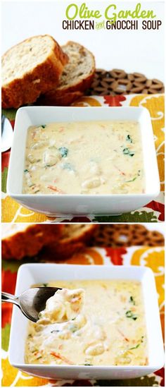 a bowl of chicken and gnocchi soup on a colorful place mat with bread