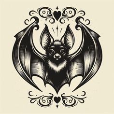 a black and white drawing of a bat with ornate designs on it's wings