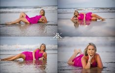 a woman in a pink dress laying on the beach