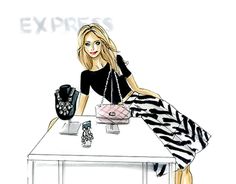 a drawing of a woman sitting at a table with purses and jewelry on it